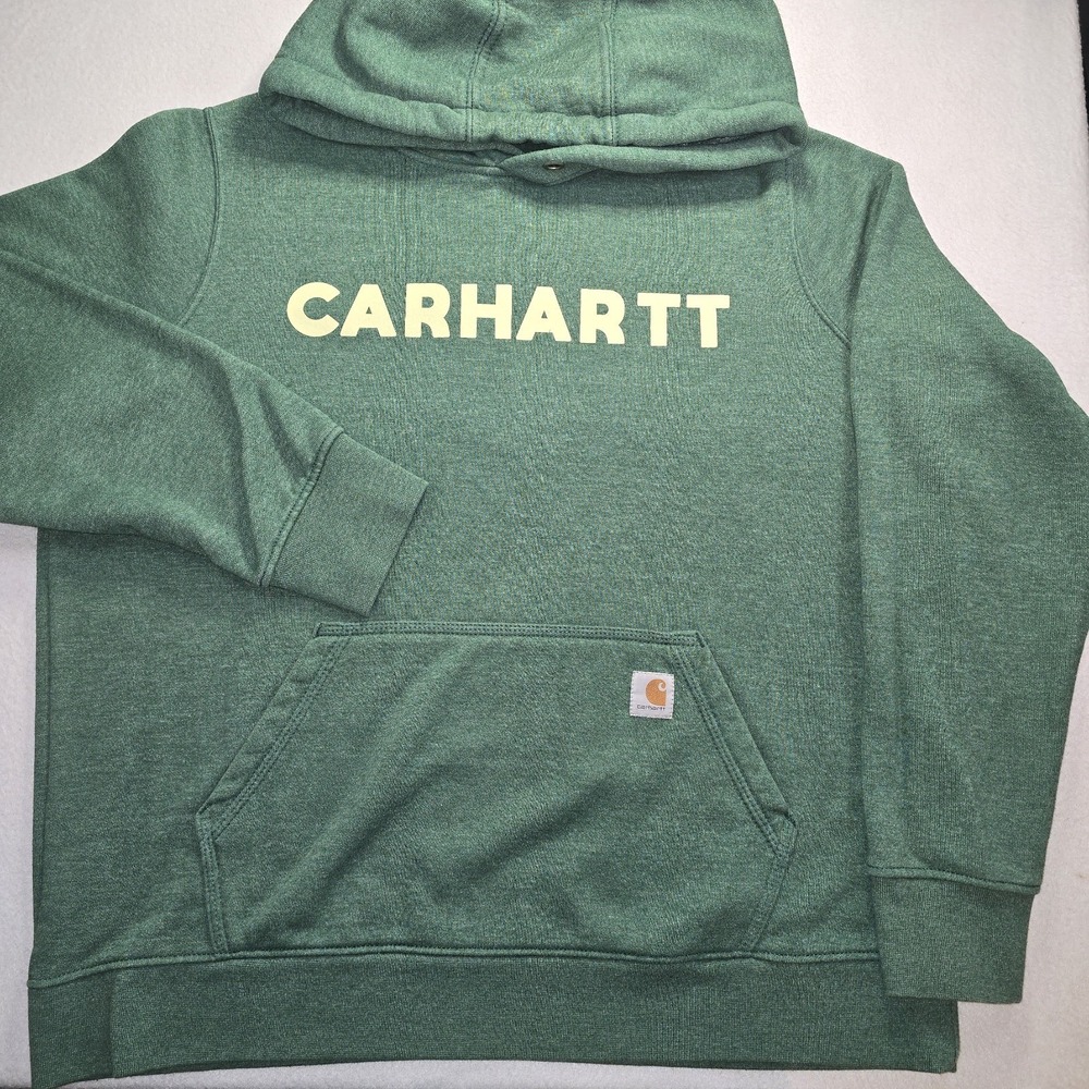 Carhartt Women XL Hoodie Green Spell Out Graphic Pullover Sweatshirt Relaxed Fit